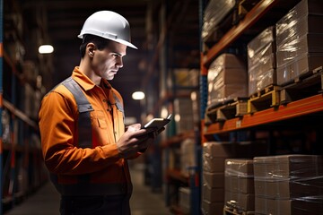 tablet worker warehouse man young person men at work manager supervisor work working job inside indoor building warehouse storehouse store shelf shelf storage stock good merchandise box
