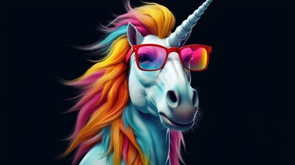 unicorn wearing a rainbow glasses over black background