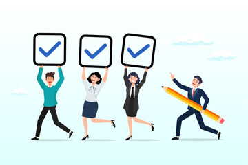 Business people hold checklist and pencil to tick, checklist or check mark for task completion, survey or questionnaire, finish work or accomplishment, get thing done or tick the checkbox (Vector)