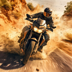 A black man riding a motorcycle down a dirt road