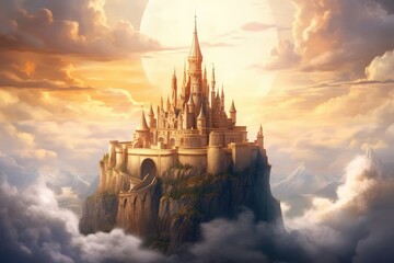 Explore the Delights of a Floating Castle in a Mesmerizing Illustration - obrazy, fototapety, plakaty