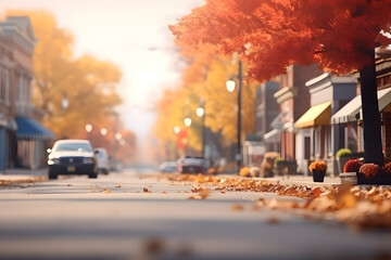 American town street view at sunny autumn morning. Neural network generated image. Not based on any...