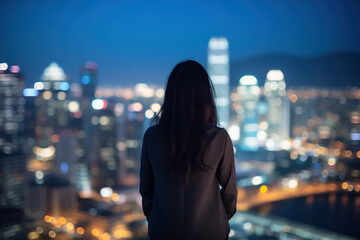 A businesswoman with a city skyline during nighttime