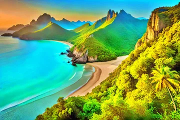 Papier Peint photo Turquoise landscape of beach with mountains and blue sky.