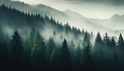 Green Mountain Peaks Embraced by Enchanting Forest Fog