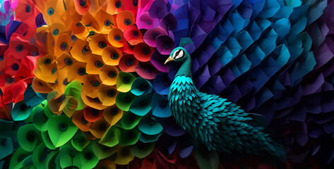 Alex Racoon Origami style wallpaper with colorful peacock origami - obrazy, fototapety, plakaty