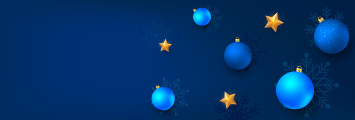 Fototapeta premium Christmas background. Christmas banner design with christmas decorations. Blue background template with text space. Vector illustration
