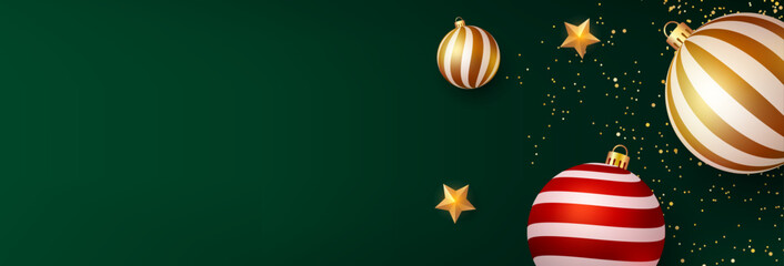 Dark green christmas background with christmas balls, star decorations and gold confetti. Holiday banner design with text space. Vector illustration