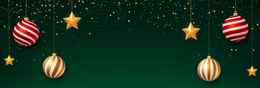 Dark green christmas background with christmas balls, star decorations and gold confetti. Holiday banner design with text space. Vector illustration