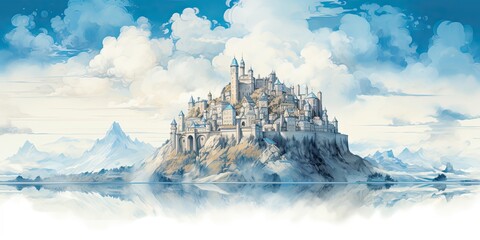 an illustration of a castle on a mountain, in the style of art nouveau organicity, generative AI