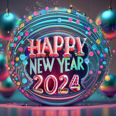 happy new year festival party, ai generated image, graphic abstract design. celebration geometric. happy decoration idea. 2024 number text. christmas art winter wallpaper. background sparkle element.