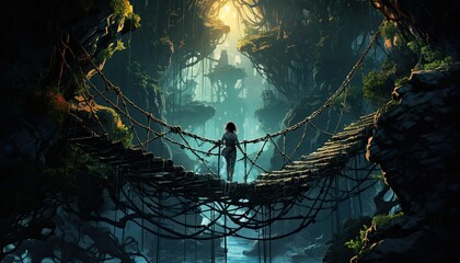 Illustration Showcasing a Woman Crossing a Rope Bridge, Embracing the Thrill of Adventure