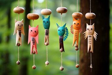 A whimsical wooden wind chime with wooden creatures and delicate chimes, beautiful Wind chime