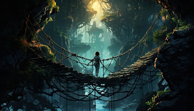 Fototapeta Illustration Showcasing a Woman Crossing a Rope Bridge, Embracing the Thrill of Adventure