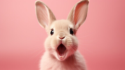 Obraz premium A rabbit with a pink tongue is sitting on a brown