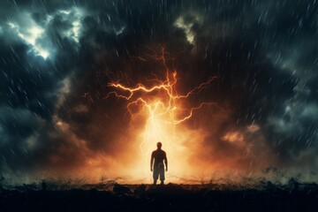 A person's silhouette in a thunderstorm, illustrating inner turmoil - obrazy, fototapety, plakaty