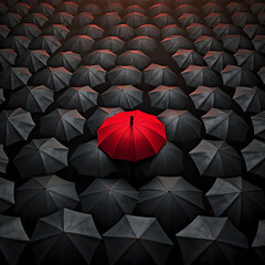 Black umbrellas with one red umbrella. 