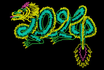 龍の体で西暦2024年を表現した年賀状【辰年・ネオンカラー】