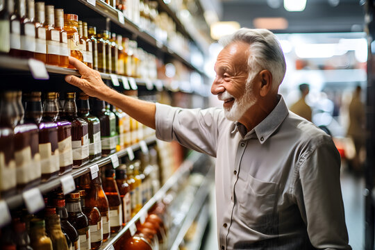 senior Caucasian man choosing a product in a grocery store. Neural network generated image. Not based on any actual person or scene.