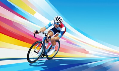 Fototapeta premium Cyclist on a track in front of a blue sky.