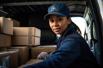 Female worker in a blue hat loading boxes into a van.
