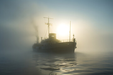 Fototapeta premium spectral ghost ship at foggy morning or evening. Neural network generated image. Not based on any actual person or scene.