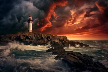 Fototapeta na wymiar Dramatic sky background with storm clouds and a lighthouse on the coast