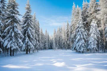 Fototapeta na wymiar Snowy forest under a clear winter sky background with evergreen trees