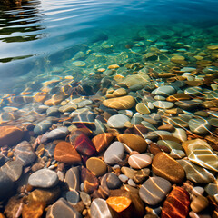Clear shallow water at the shore of a lake in nature. 