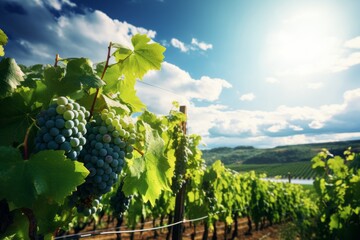 Sunny vineyard sky background with lush grapevines
