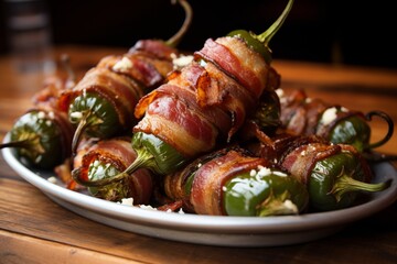 A close up of bacon wrapped stuffed jalapenos food