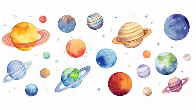 planets in space on a white background, watercolor drawing for children primitive minimalistic poster illustration