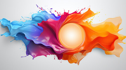 white round frame surrounded by a swirl of liquid multicolored paint, ink. copy space background, isolated on white background