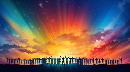 row of silhouettes of people standing under rainbow.  illustration multicolor spectrum background copy space peace and freedom - obrazy, fototapety, plakaty