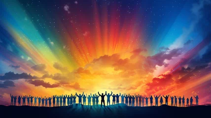 Fotobehang row of silhouettes of people standing under rainbow.  illustration multicolor spectrum background copy space peace and freedom © kichigin19