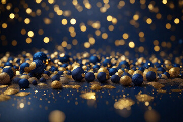 Christmas Golden light shine particles bokeh on navy blue background. Holiday concept. Abstract background with Dark blue and gold particle