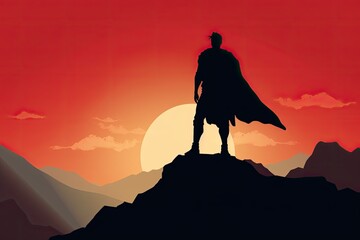 Male Superhero Silhouette Conquering the Mountain Summit with Courage