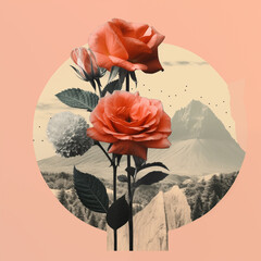 Floral vintage collage. Design of cards, posters, banners in retro style. Creative art