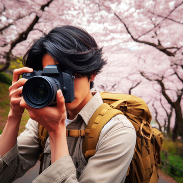 Behind the scenes of a male backpacker taking a camera to take photos at Sakura Park, Japan.