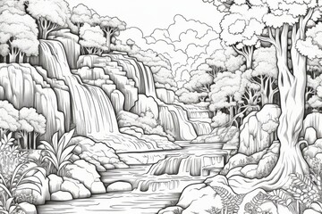 Coloring page of a serene waterfall in a lush forest