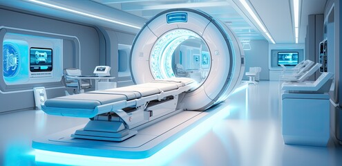 An MRI machine in a futuristic-style hospital. Generated by AI.
