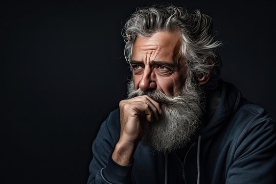 Portrait of an elderly man with a large gray beard and lush hair on his head with a thoughtful look. Dark background.Generated by AI.