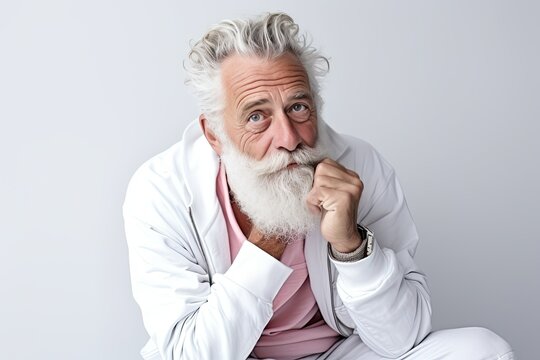 Portrait of an elderly man with a large gray beard and lush hair on his head with a thoughtful look. White background. Generated by AI.
