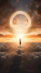 Foto op Canvas vertical background heavenly landscape, angel in heaven in the light of the sun with wings on the background of sunset, religious faith concept © kichigin19