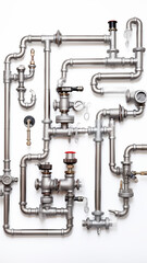 vertical background pipes and pipe connections isolated on white, abstract communications