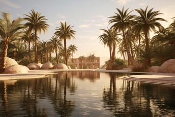 Fototapeta na wymiar Desert oasis with palm trees and a serene reflecting pool