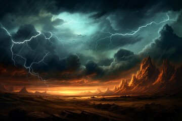 Dramatic lightning striking in the distance over a wild and untamed landscape