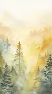 vertical autumn background in coniferous forest, texture of fir trees and pines in autumn watercolor style