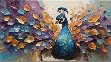 “Fluorite” - oil painting. Conceptual abstract picture of the peacock . Oil painting in colorful colors. Conceptual abstract closeup of an oil painting and palette knife on canvas. - obrazy, fototapety, plakaty