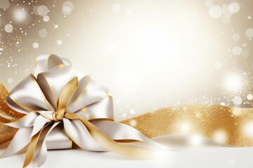 White and gold ribbon with a bow on it. Christmas theme background